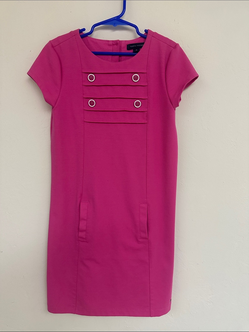 Tommy Hilfiger Fuchsia Short Sleeve Shift Dress with Back Button Detail
